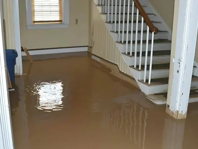 Muddy standing water in a hallway at the foot of the stairs before extraction