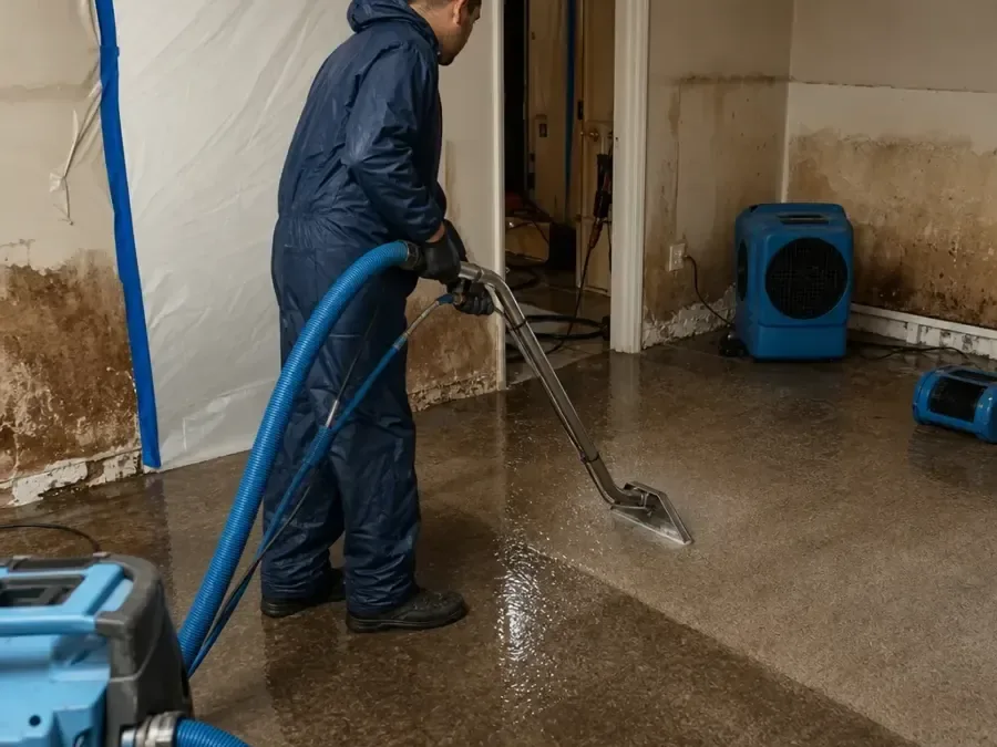 Restoration technician extracting water from the floor of a water damaged home in Banning