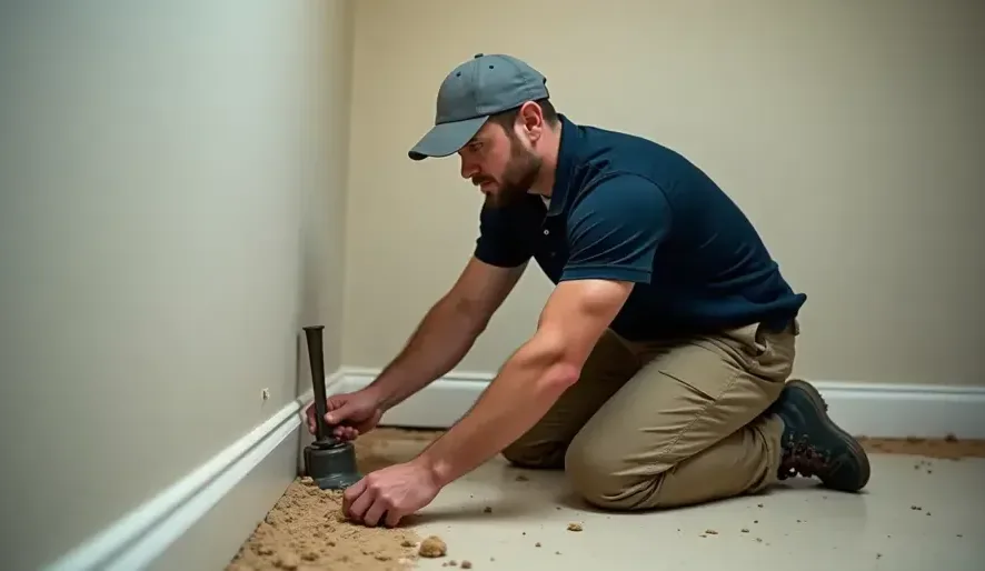 Technician checking a wet baseboard with a moisture meter during a home dry-out