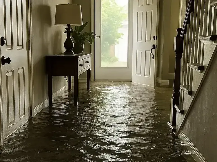 Storm water flooding the front hall and staircase of a house