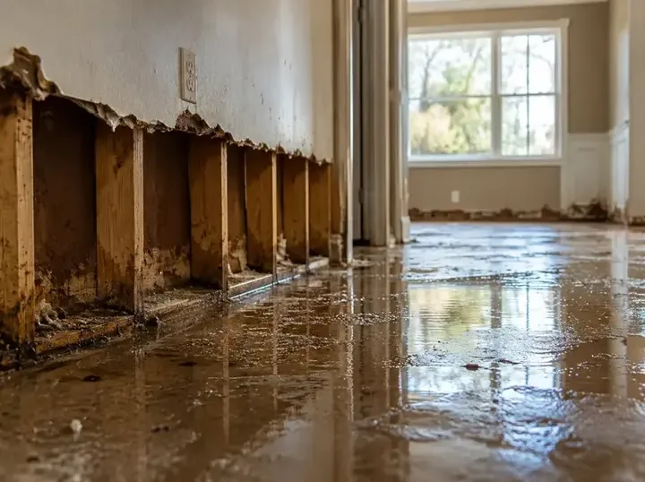Muddy water covering a floor with the lower wall cut away