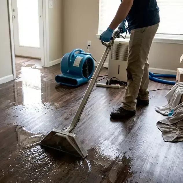 Technician working an extraction wand across a wood floor beside a blue air mover