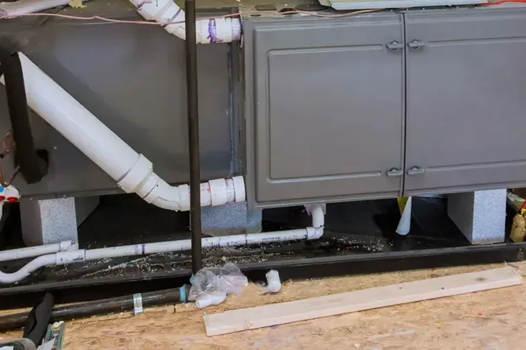 Air handler cabinet with white condensate drain pipes running down beside it