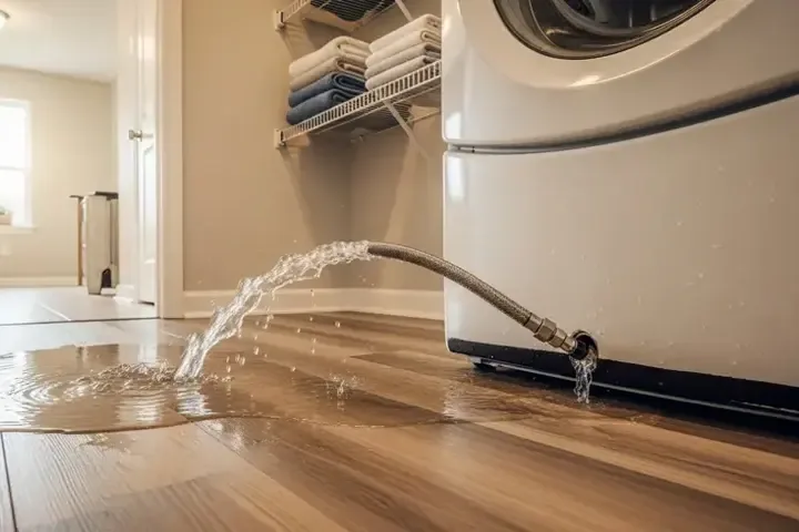 Washing machine supply hose spraying water onto a wood floor