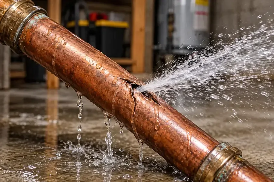 Copper supply pipe split open and spraying water inside a home