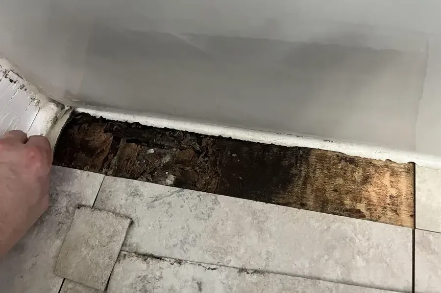 Tile and wet underlayment opened along a wall to trace a slab leak