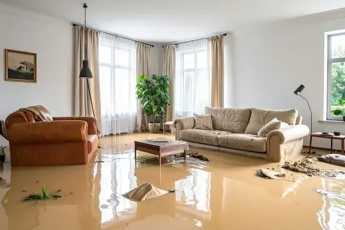 Muddy storm water covering a living room floor around the furniture