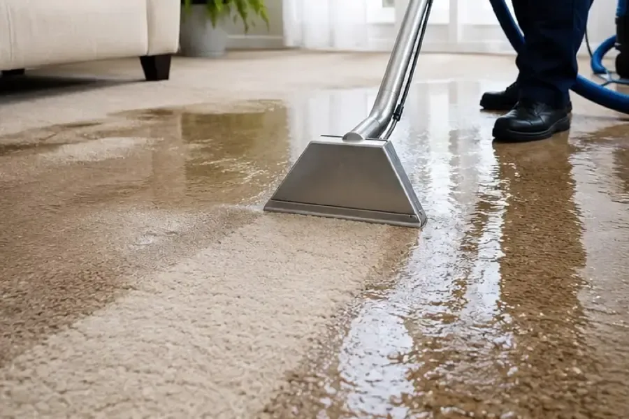 Extraction wand pulling water out of soaked carpet